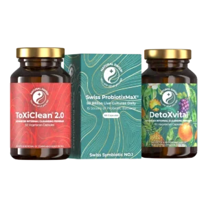 ToxiClean detoxikační kúra zahrnuje tři pečlivě vybrané produkty s obsahem přírodních účinných látek – kapsle ToxiClean, kapsle Detox Vital a kapsle Swiss Probiotix Max.